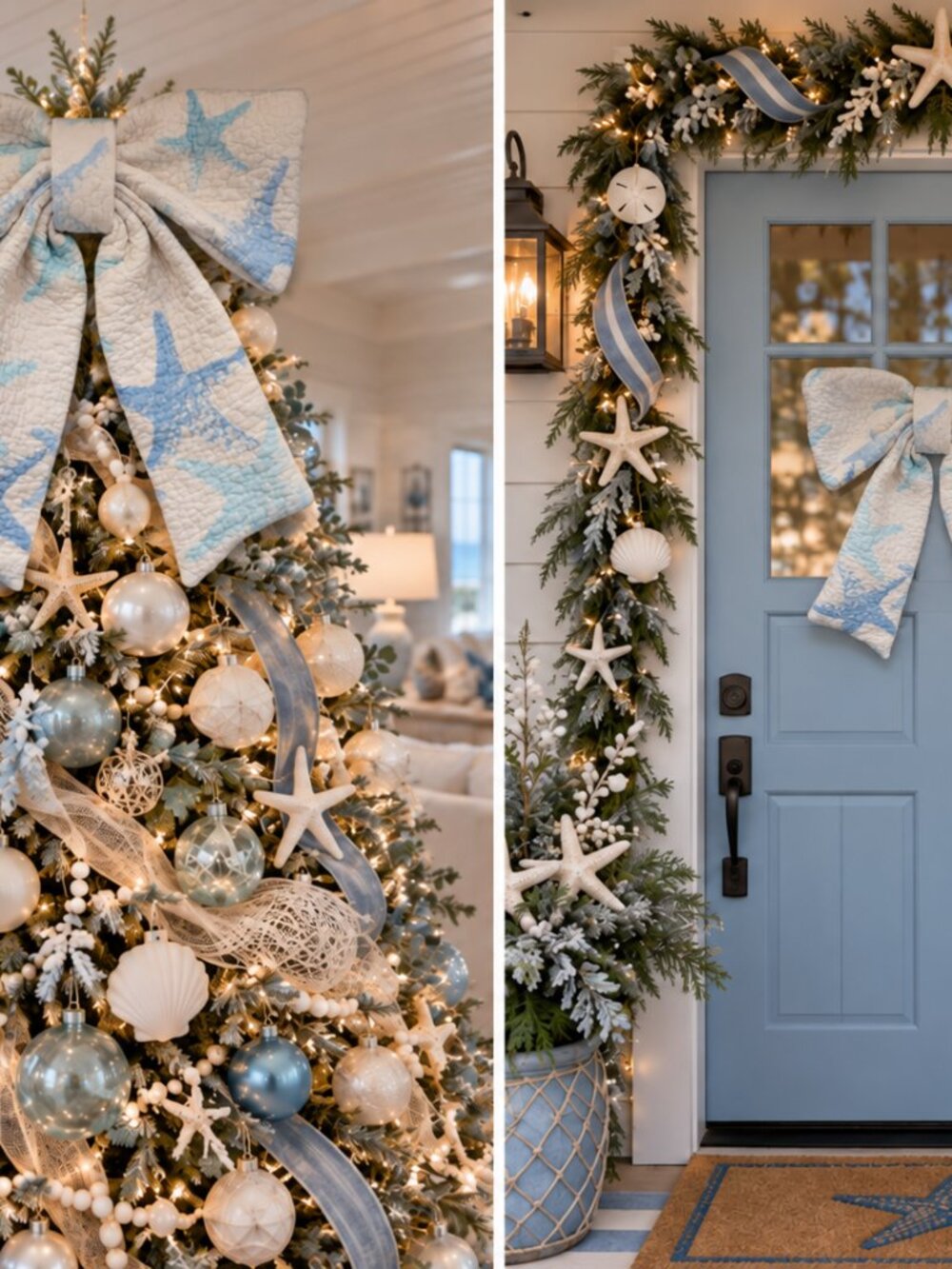 Quilted Fabric Bow Christmas Tree Topper Nautical Beach